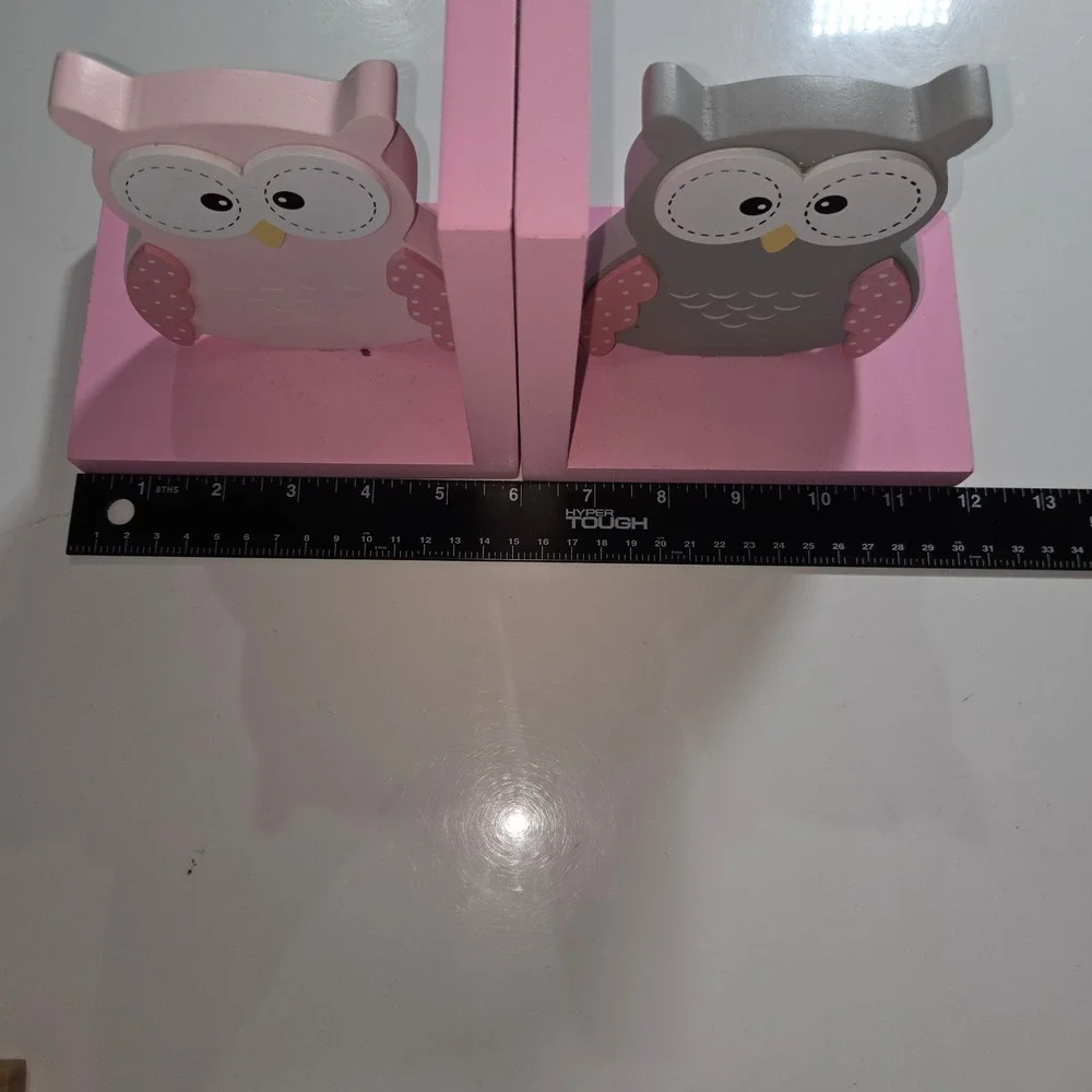 Pink and Grey Wooden Owl Bookends for Kids Nursery Woodland Decor Set of 2